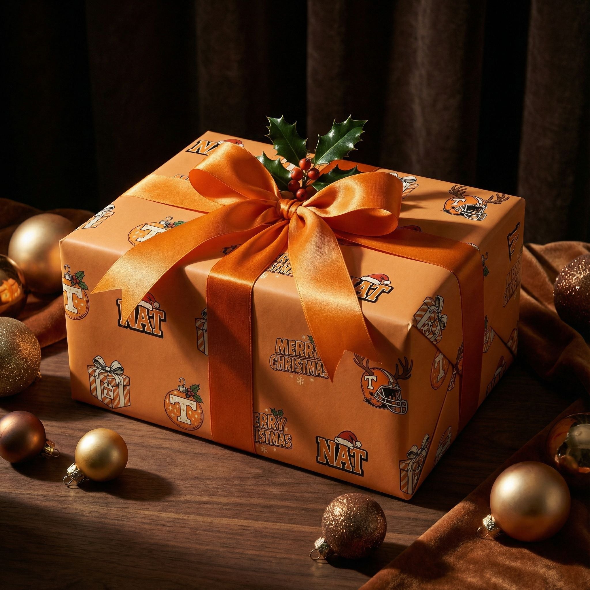Christmas Football Fan Wrap - Retro Orange & White Personalizable Gift Paper - Photo 6
