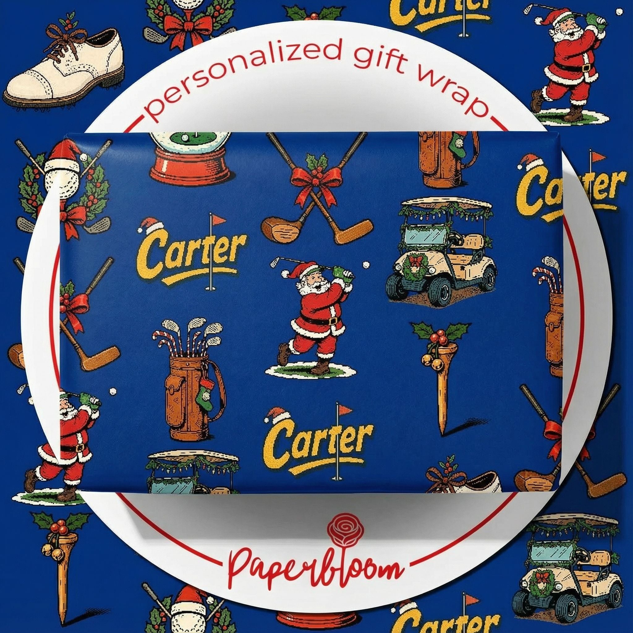 Personalizable Golf Christmas Wrapping Paper - Retro Comic Style - Photo 1