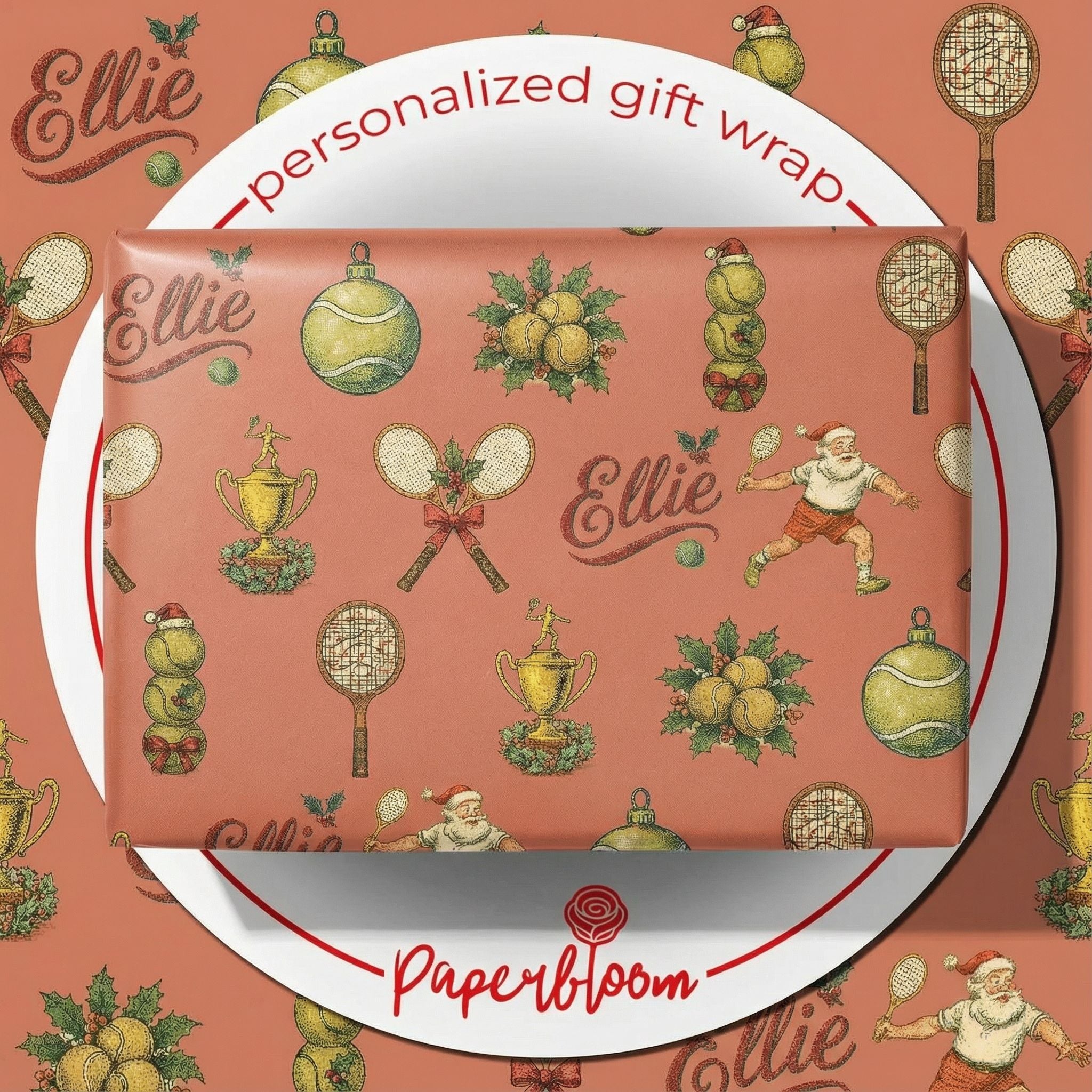 Vintage Tennis Christmas Wrapping Paper - Santa Holiday Racquet Design - Photo 1