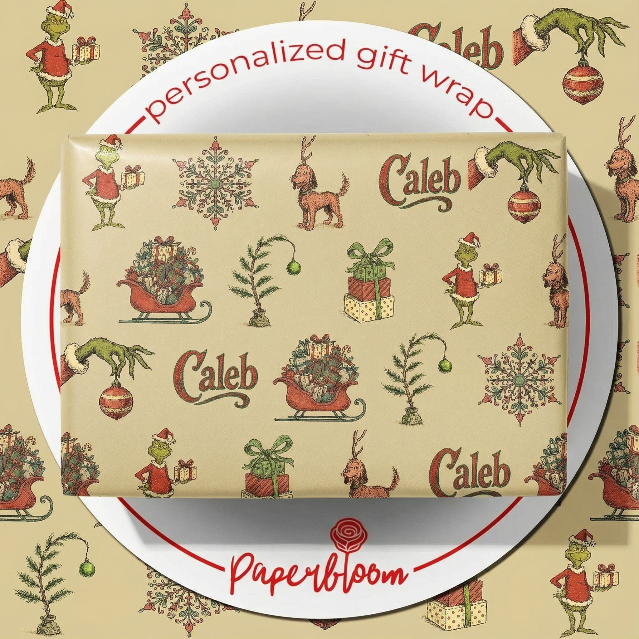 Festive Green Character Gift Wrap - Whimsical Christmas Tree Design - Photo 1