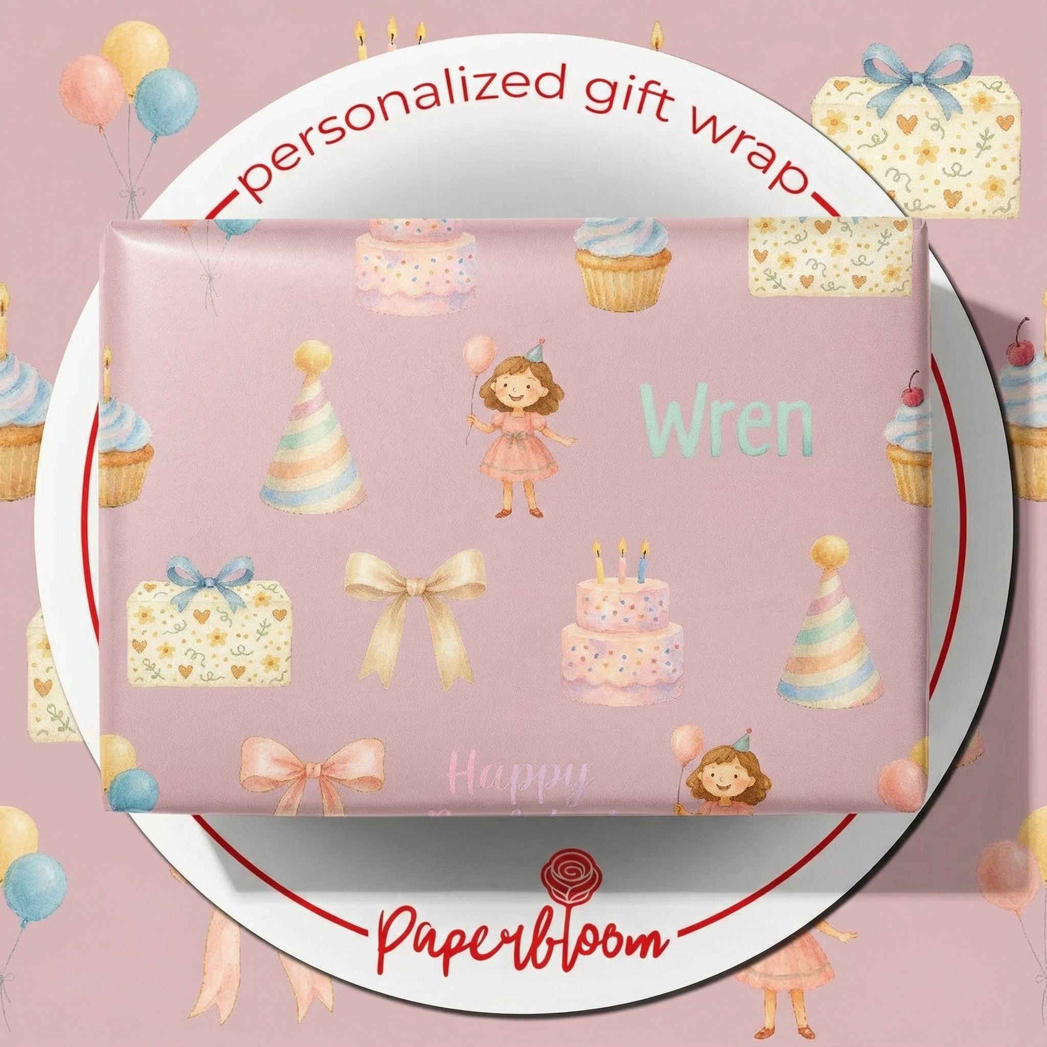 Girls' Pastel Party Gift Wrap - Custom Name Birthday Balloons & Cake - Photo 1