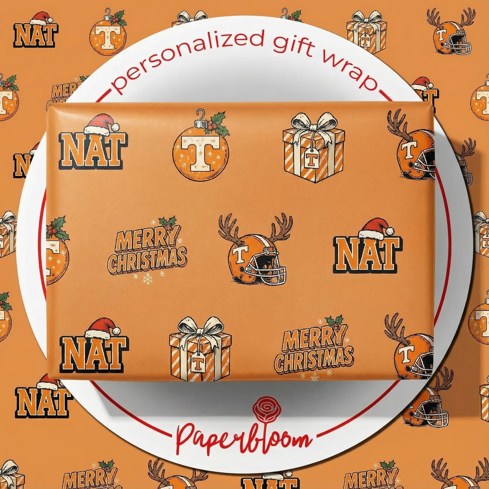Christmas Football Fan Wrap - Retro Orange & White Personalizable Gift Paper - Photo 1