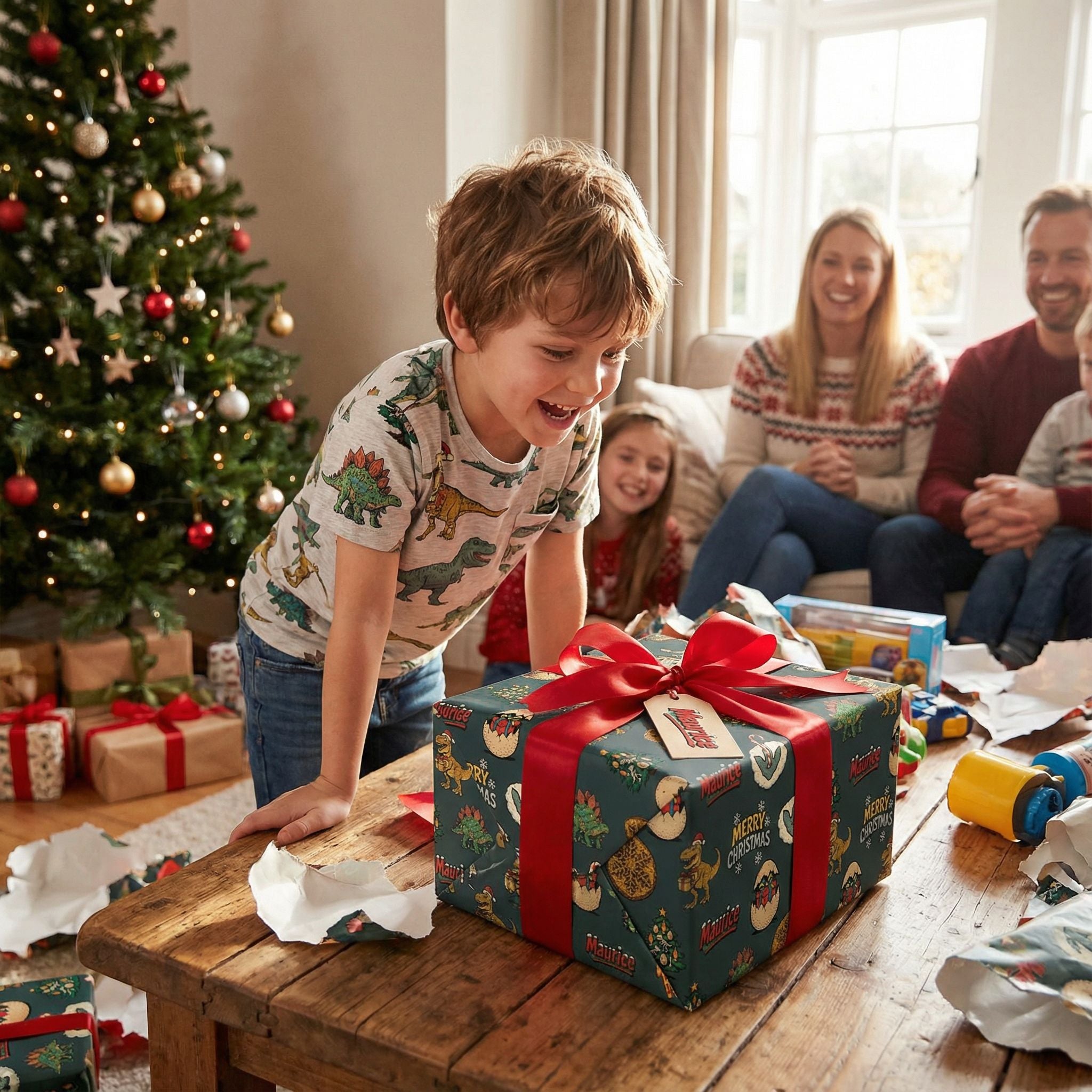 Dinosaur Christmas Wrapping Paper - Retro Comic Style - Personalizable - Photo 4