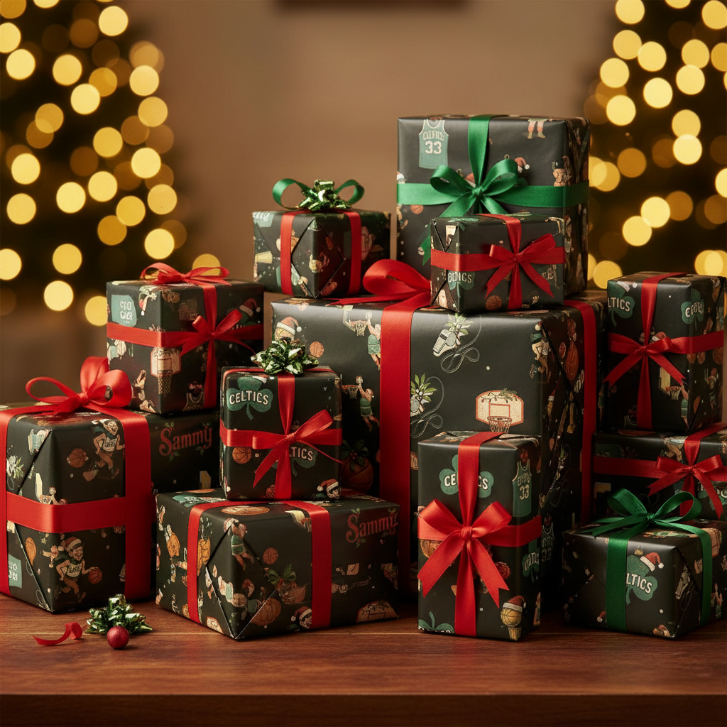 Boston Celtics Holiday Gift Wrap - Retro Basketball Illustration - Photo 4