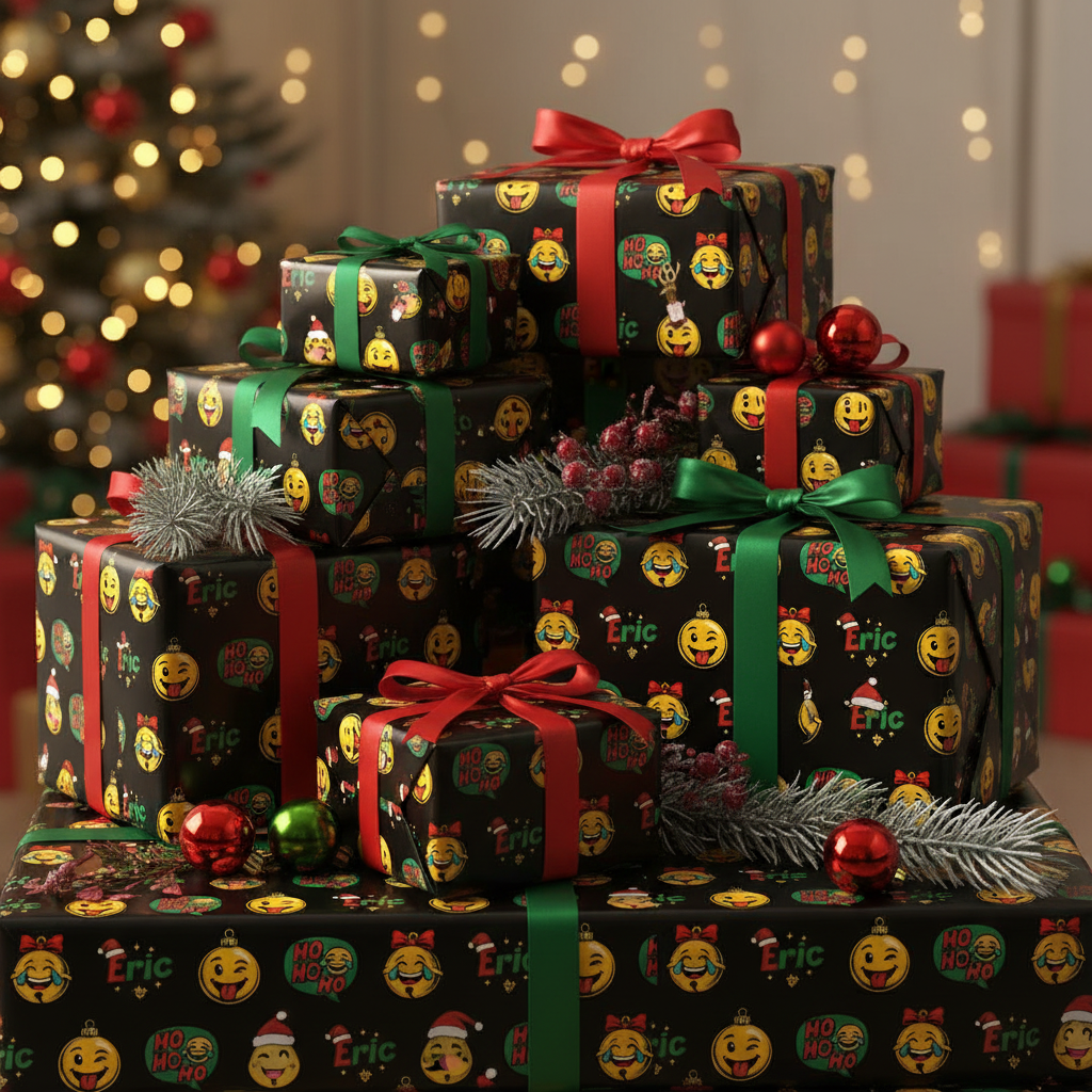 Festive Emoji Gift Wrap - Personalized Retro Holiday Comic Style - Photo 2