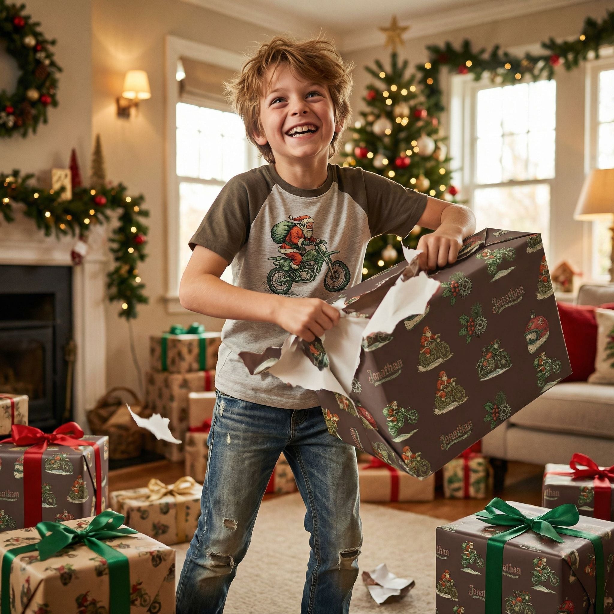 Customizable Christmas Dirt Bike Gift Wrap - Retro Santa Rider Pattern - Photo 5