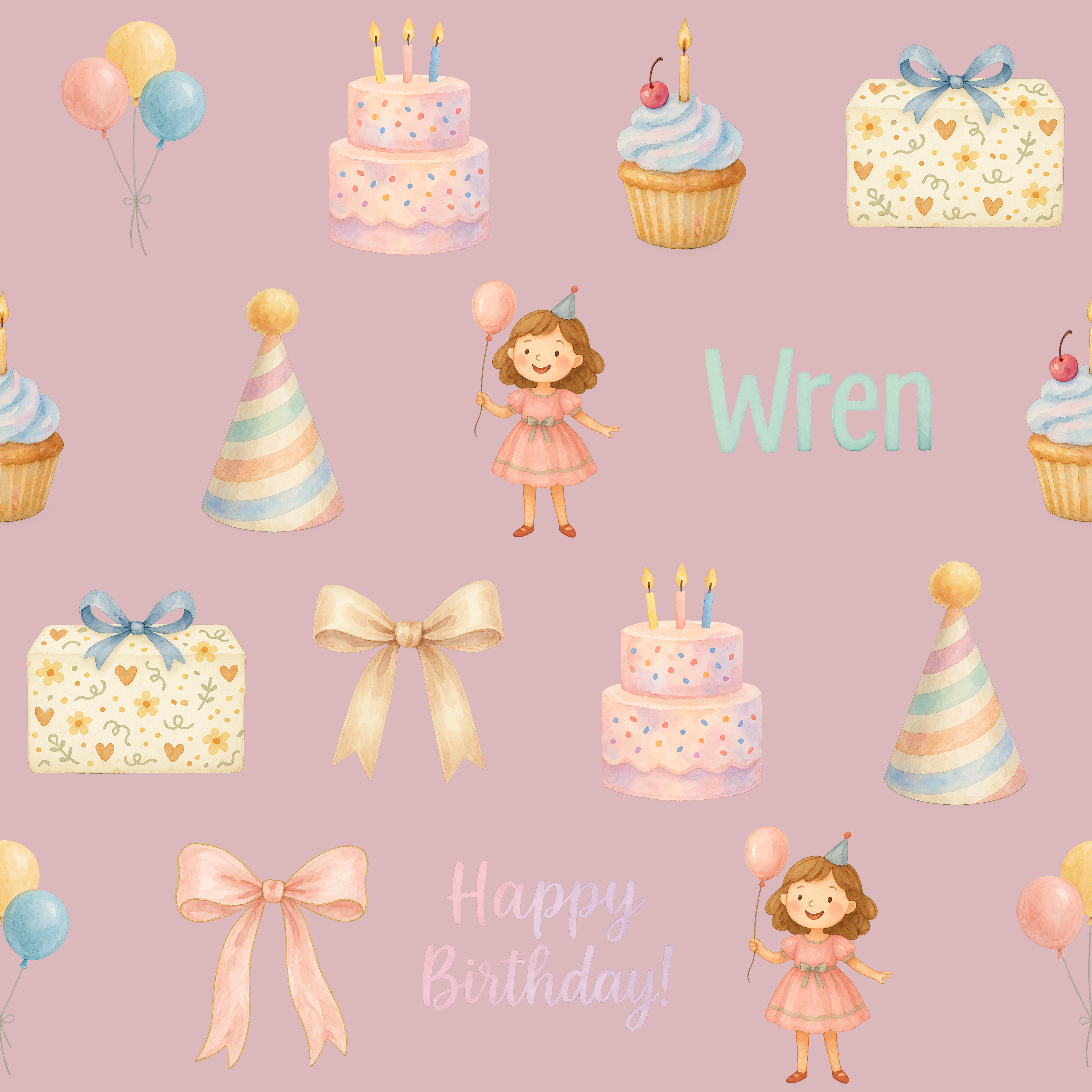 Girls' Pastel Party Gift Wrap - Custom Name Birthday Balloons & Cake - Photo 2