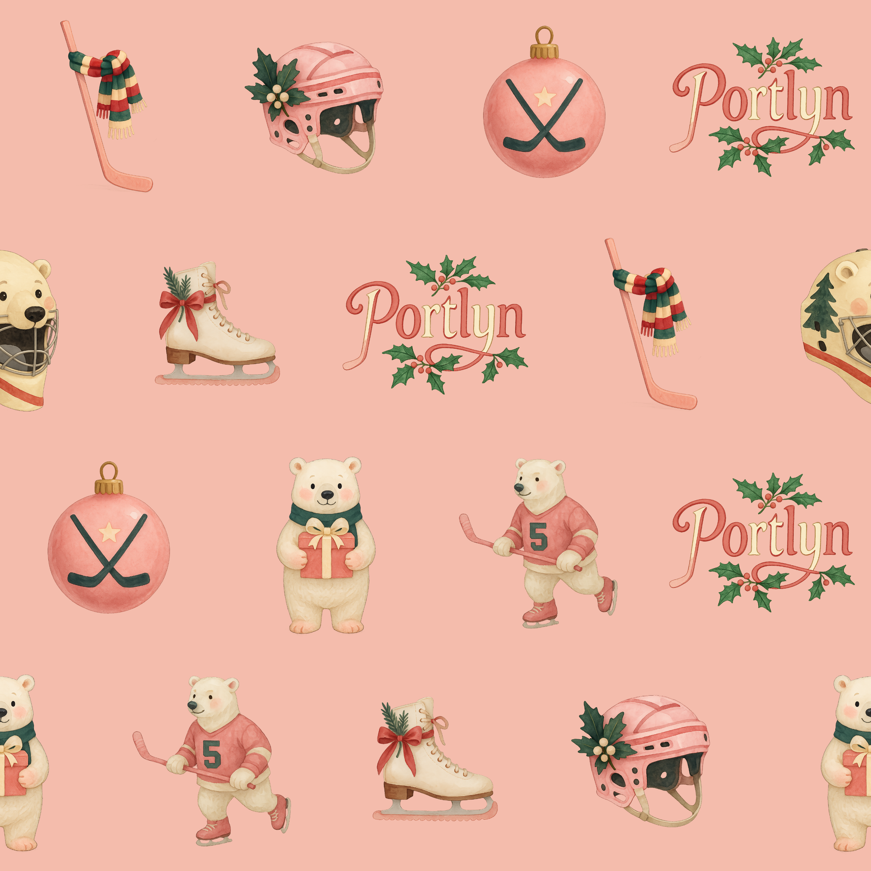 Pink Hockey Christmas Wrapping Paper - Polar Bear Delight - Photo 1