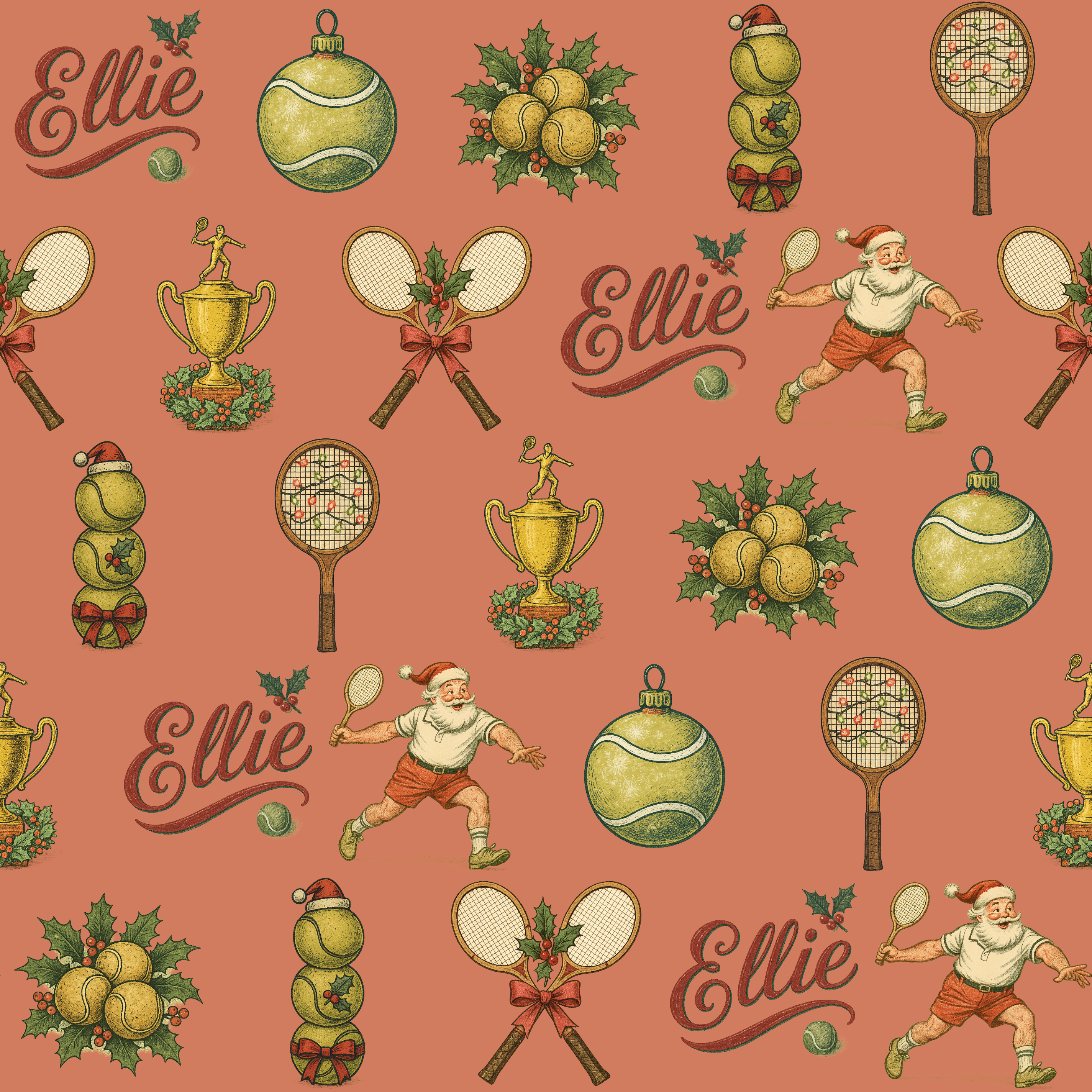 Vintage Tennis Christmas Wrapping Paper - Santa Holiday Racquet Design - Photo 2