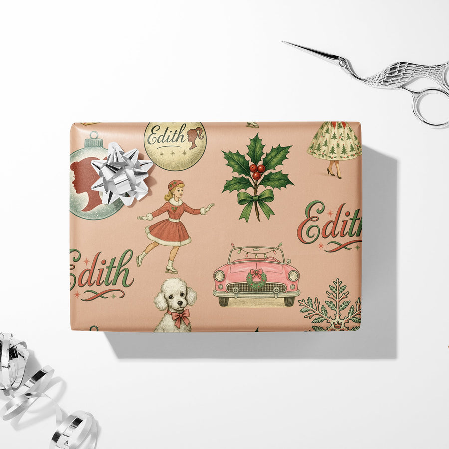 Barbie Christmas Wrapping Paper - Vintage Holiday Glam Design - Pink Retro Style