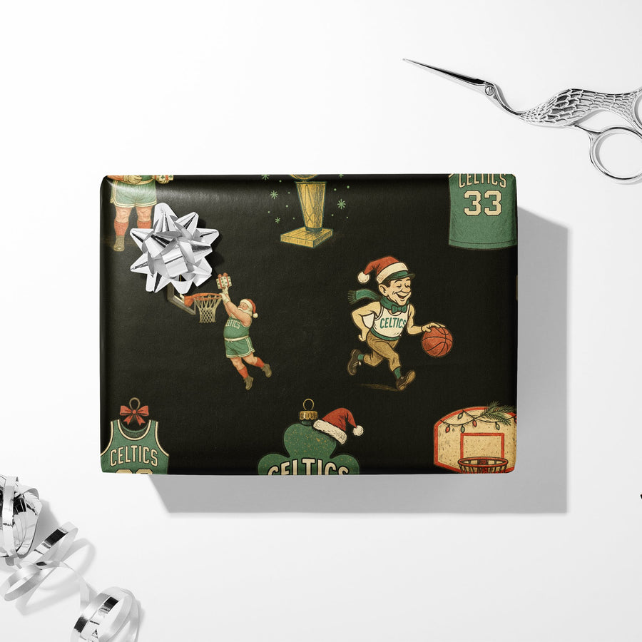 Boston Celtics Holiday Gift Wrap - Retro Basketball Illustration