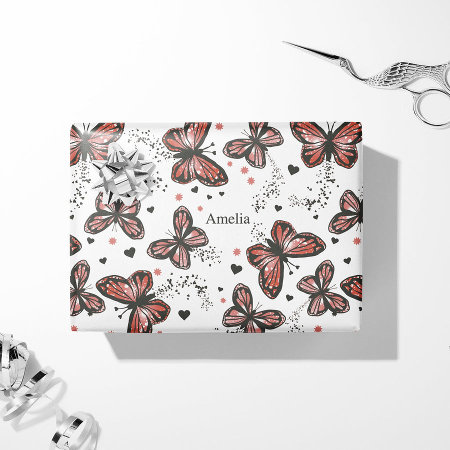 Butterfly Wishes wrapping paper — wrapped gift with bow