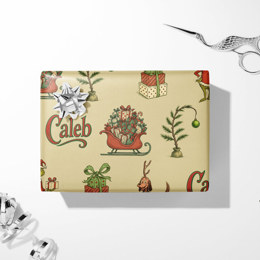Festive Green Character Gift Wrap - Whimsical Christmas Tree Design