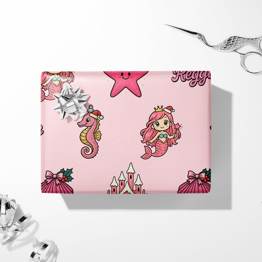 Personalizable Pink Mermaid Christmas Gift Wrap - Retro Princess
