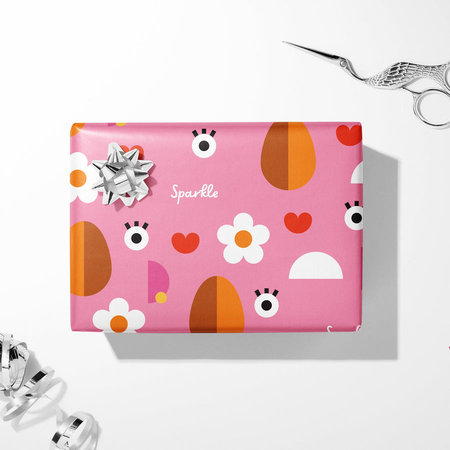 Mrs. Spud wrapping paper — wrapped gift with bow