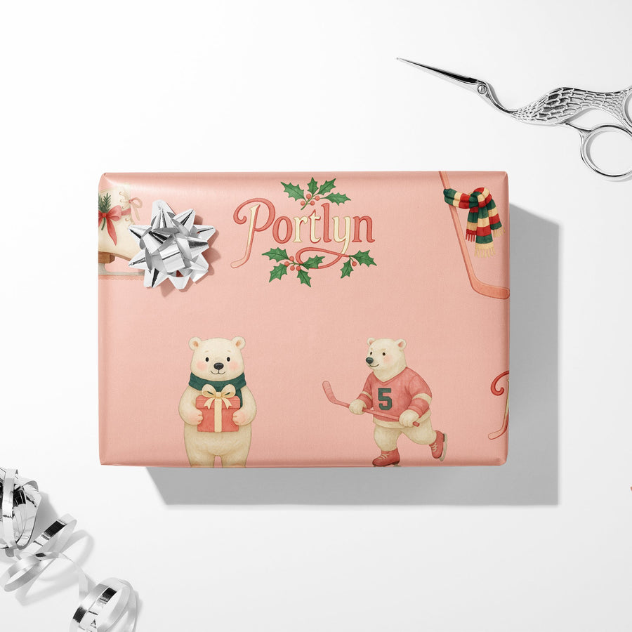 Pink Hockey Christmas Wrapping Paper - Polar Bear Delight