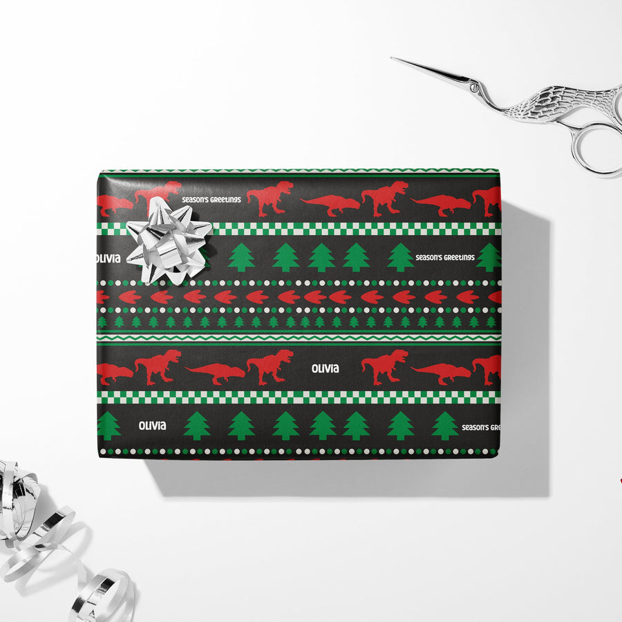 Rex The Halls wrapping paper — wrapped gift with bow