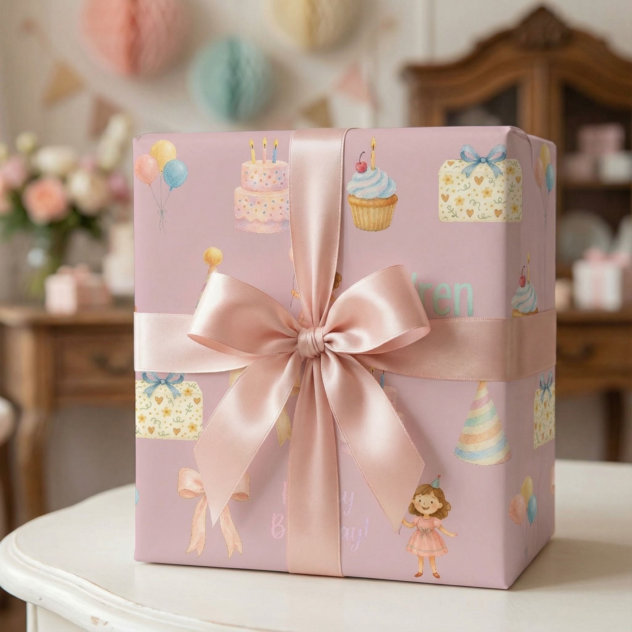 Girls' Pastel Party Gift Wrap - Custom Name Birthday Balloons & Cake - Photo 4