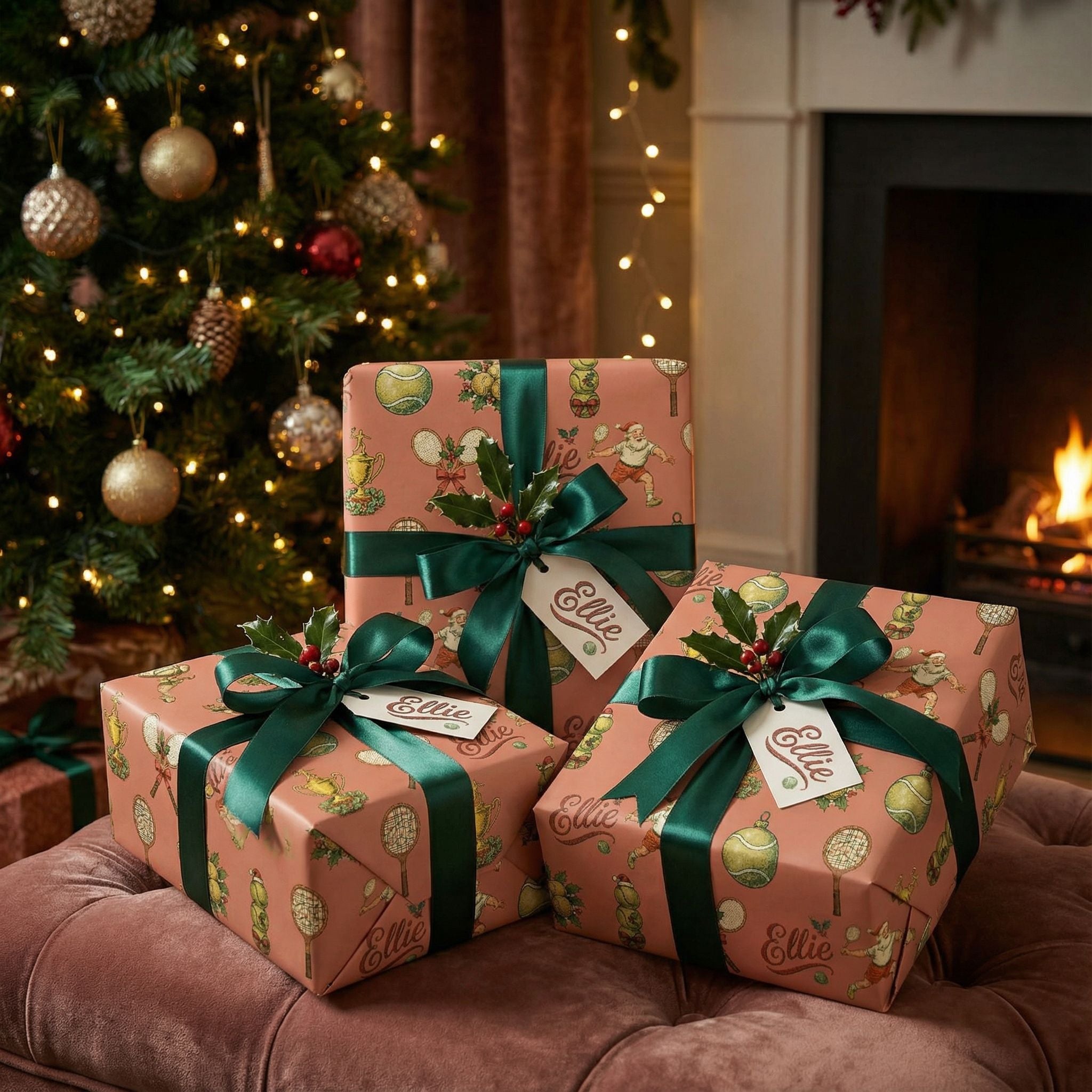 Vintage Tennis Christmas Wrapping Paper - Santa Holiday Racquet Design - Photo 6