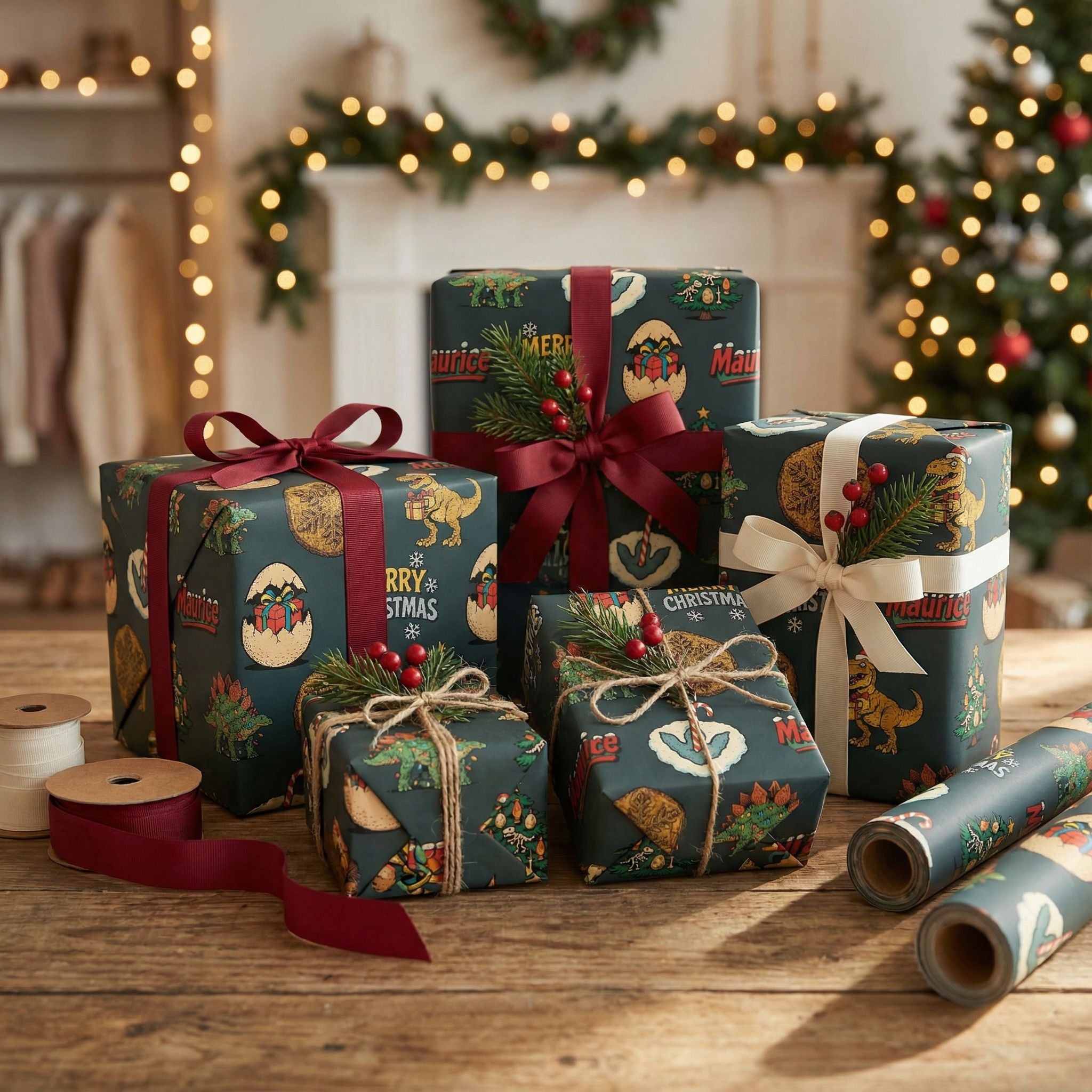 Dinosaur Christmas Wrapping Paper - Retro Comic Style - Personalizable - Photo 5