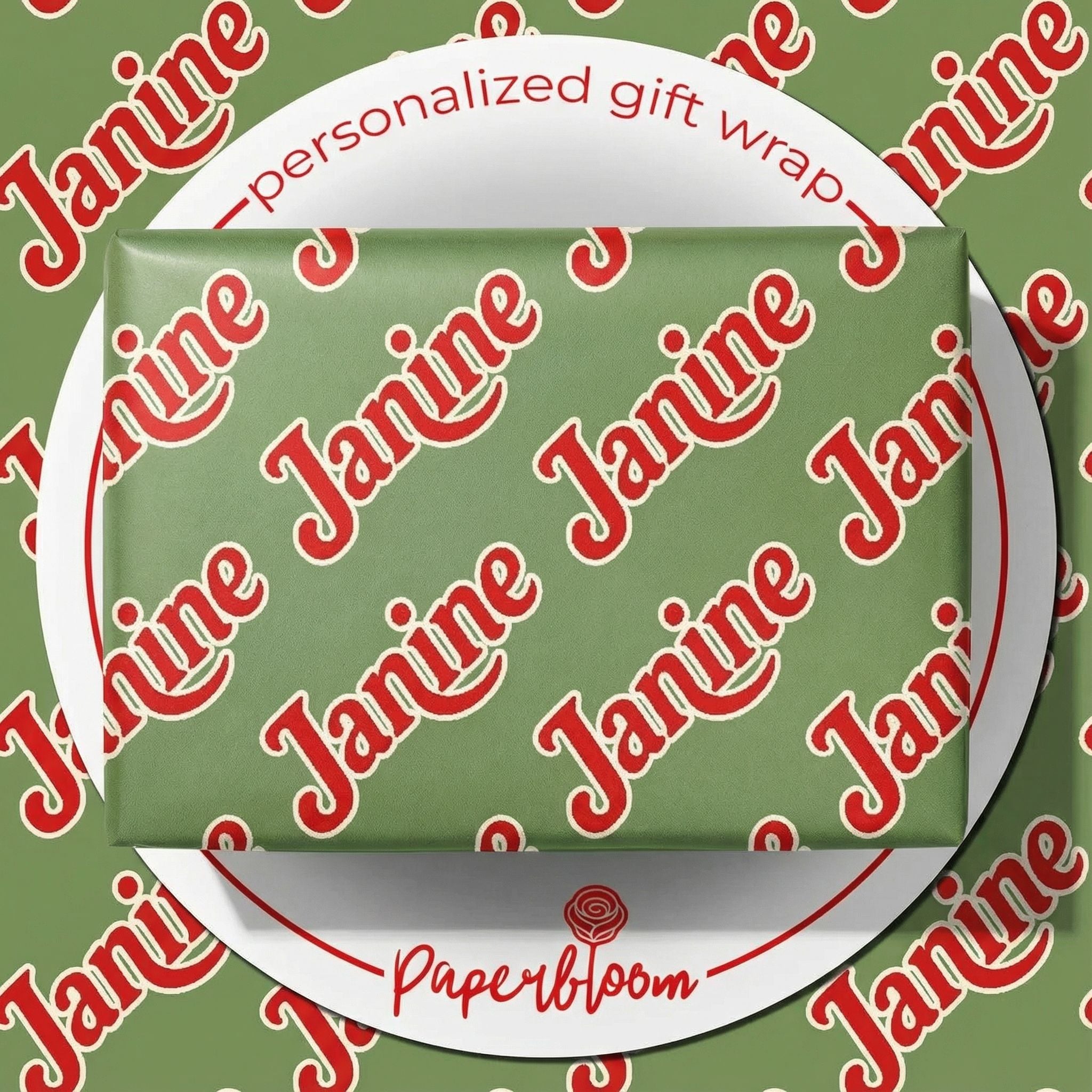 Custom Name Holiday Gift Wrap - Festive Green & Red Personalizable - Photo 1