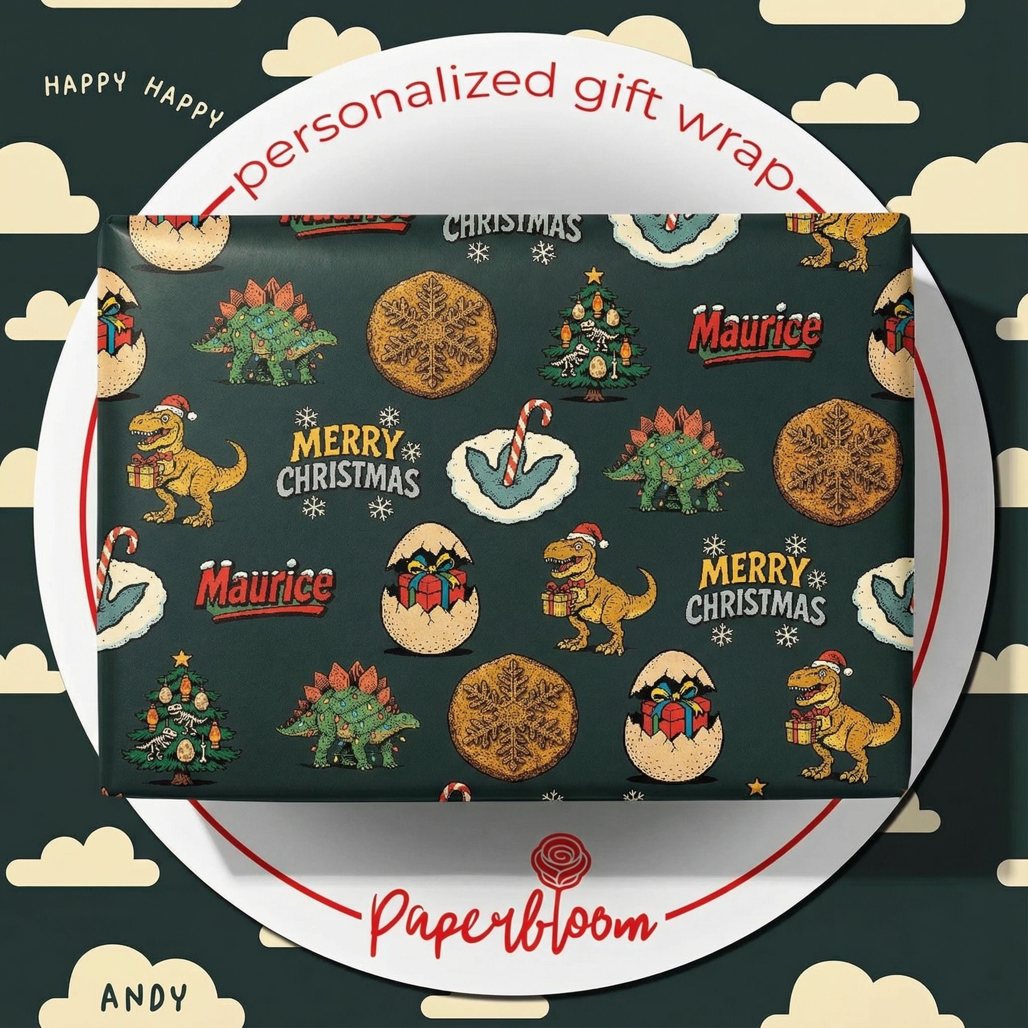 Dinosaur Christmas Wrapping Paper - Retro Comic Style - Personalizable - Photo 1