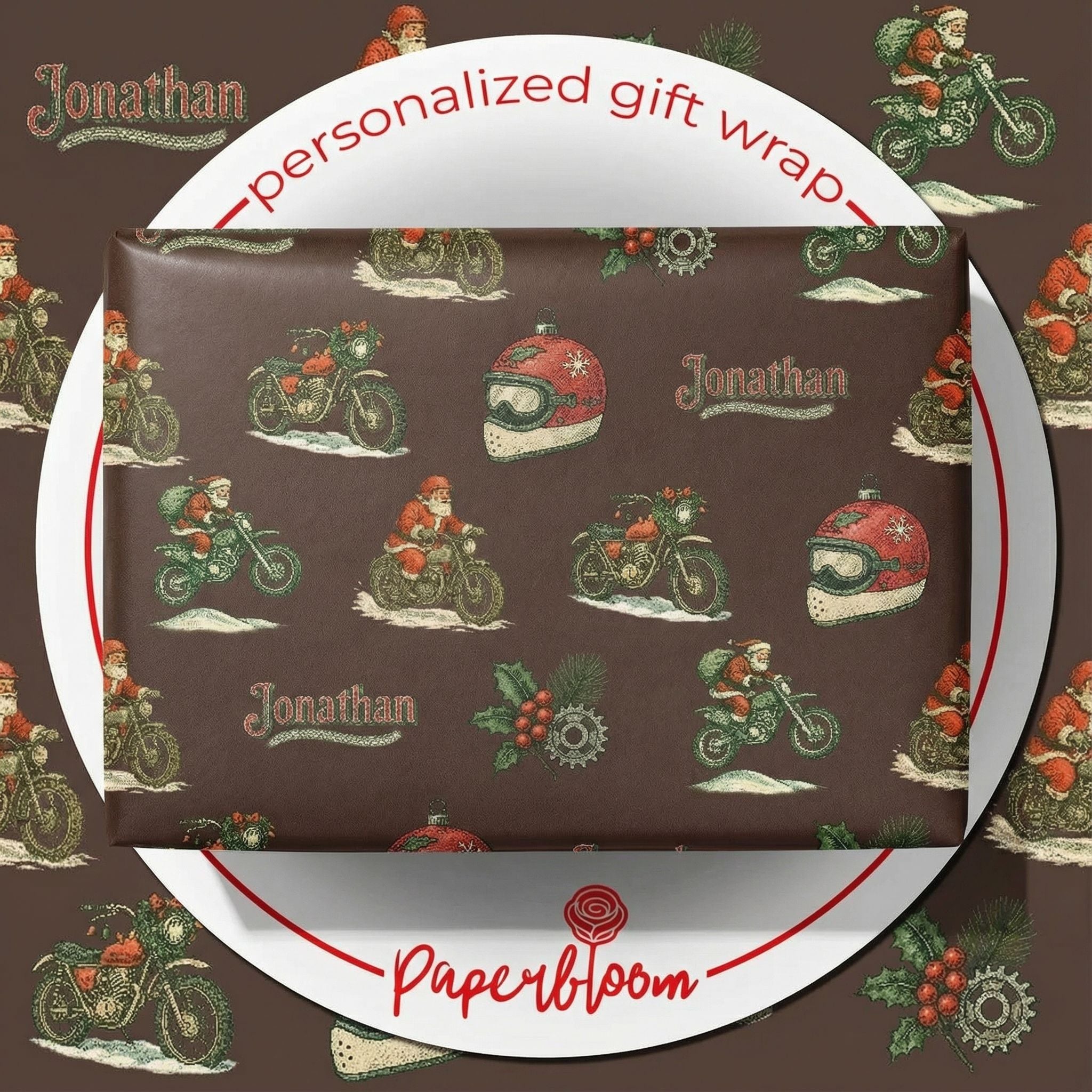 Customizable Christmas Dirt Bike Gift Wrap - Retro Santa Rider Pattern - Photo 1