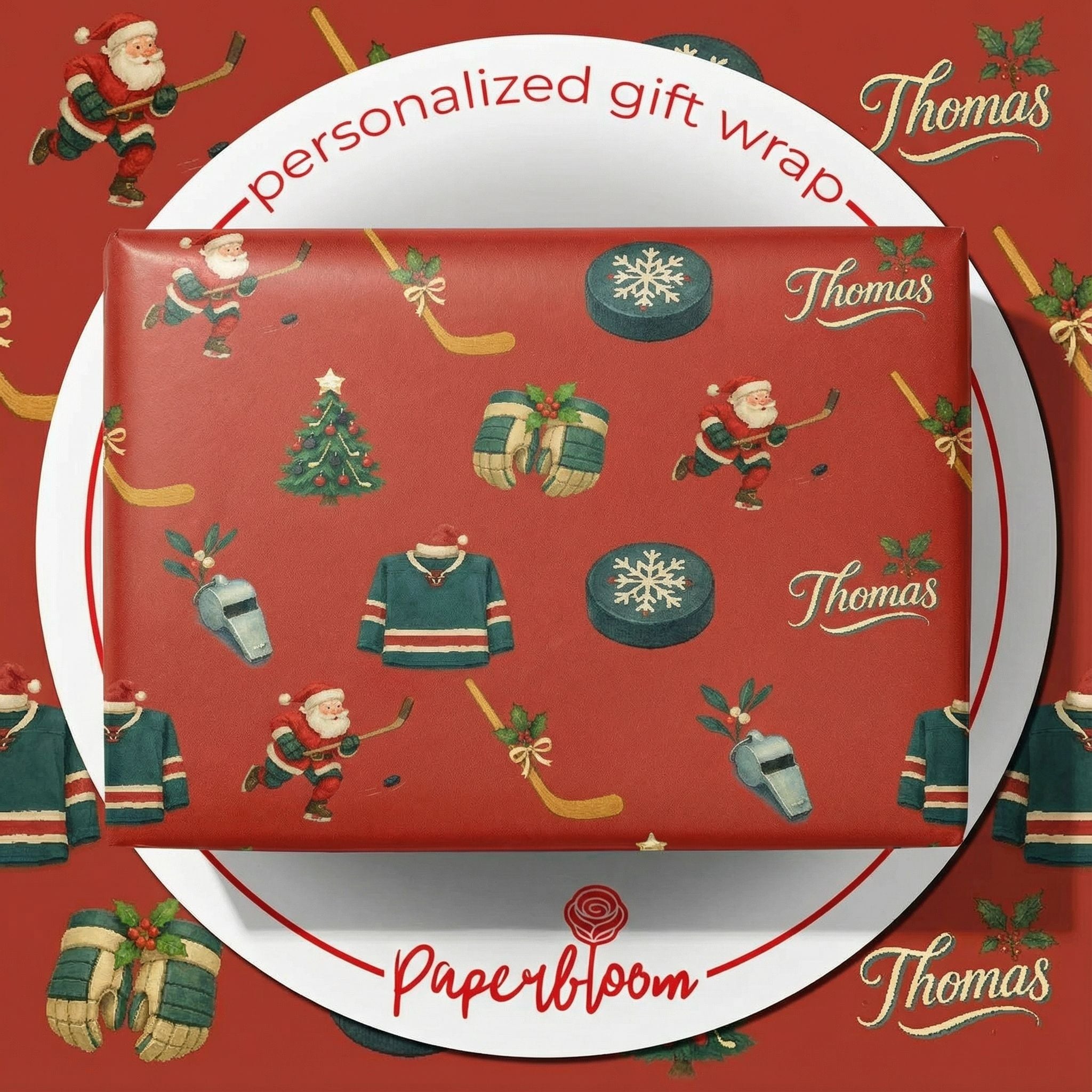 Vintage Hockey Christmas Wrapping Paper - Custom Sports Holiday Design - Photo 1