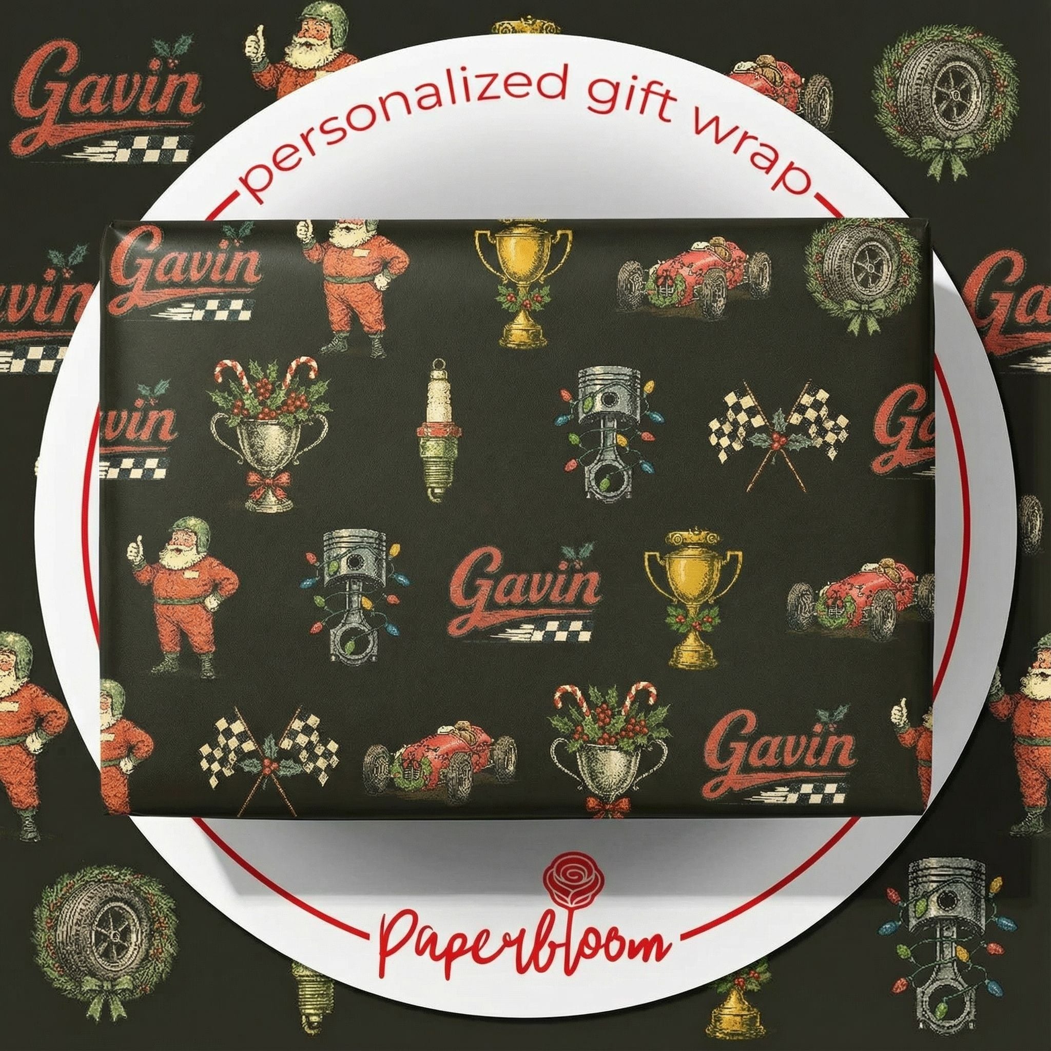 Retro Racing Christmas Wrapping Paper - Personalizable Vintage Auto - Photo 1