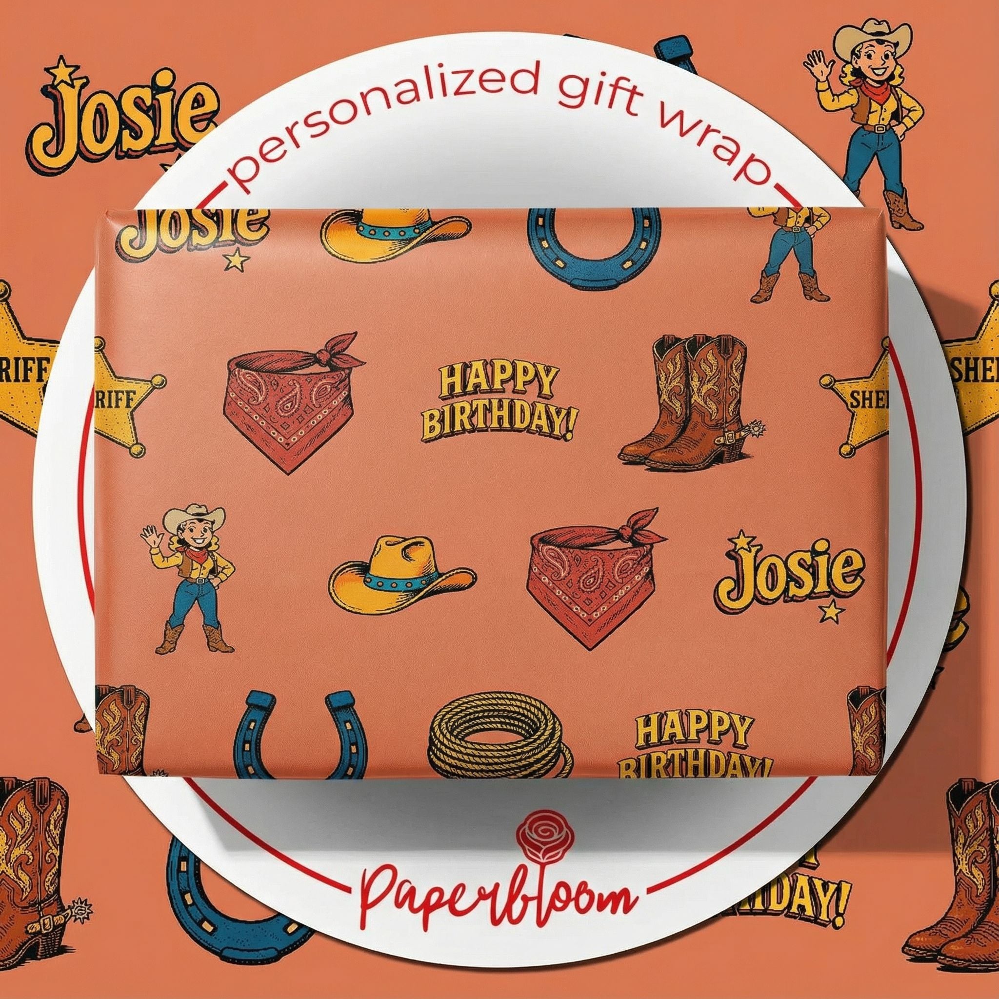 Retro Cowgirl Birthday Wrapping - Custom Western Boots & Hats Design - Photo 1