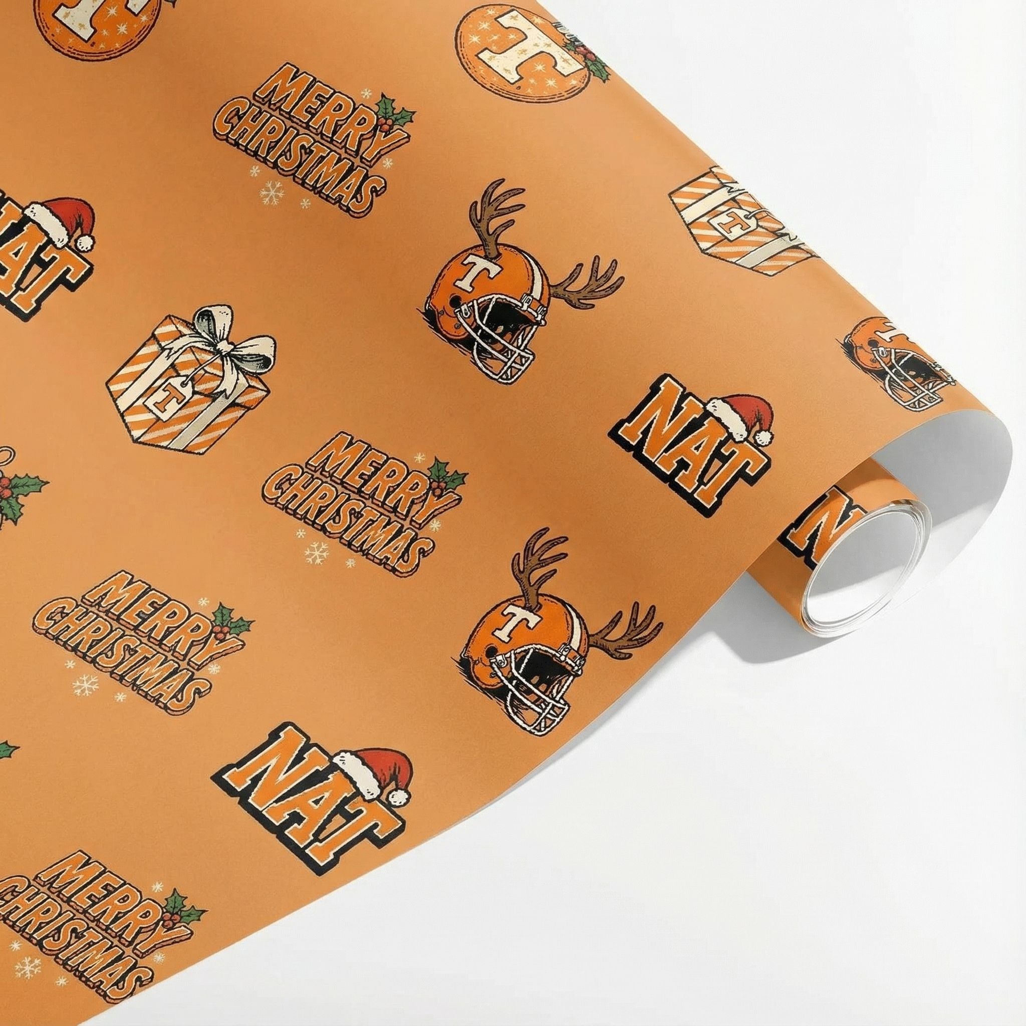 Christmas Football Fan Wrap - Retro Orange & White Personalizable Gift Paper - Photo 3