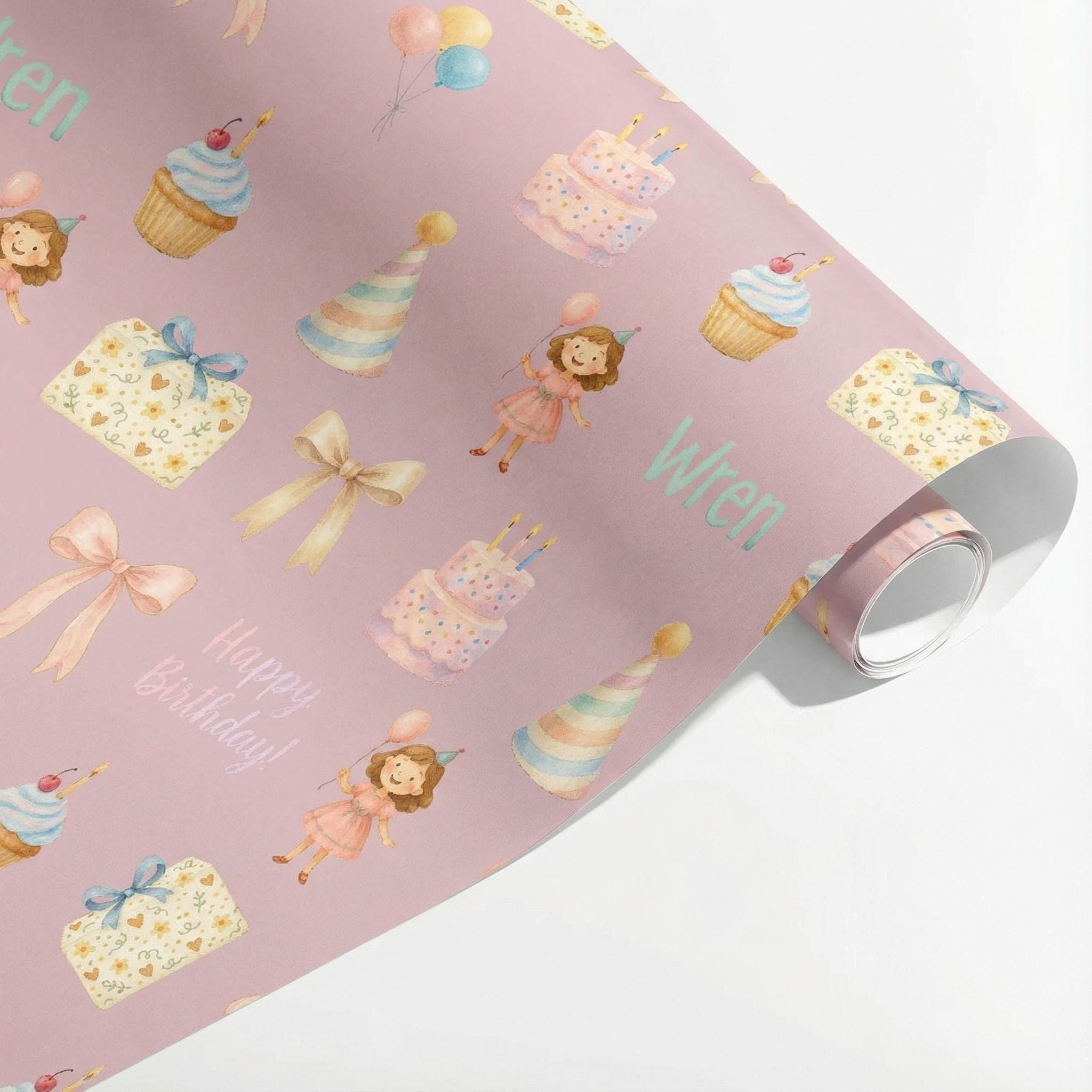 Girls' Pastel Party Gift Wrap - Custom Name Birthday Balloons & Cake - Photo 3