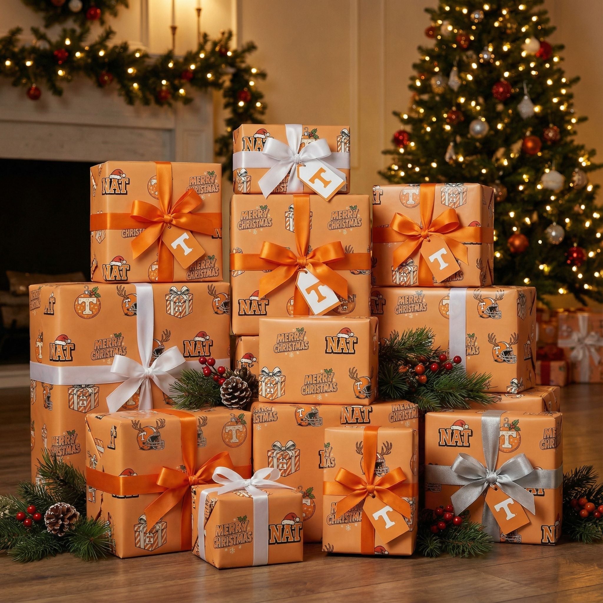 Christmas Football Fan Wrap - Retro Orange & White Personalizable Gift Paper - Photo 4