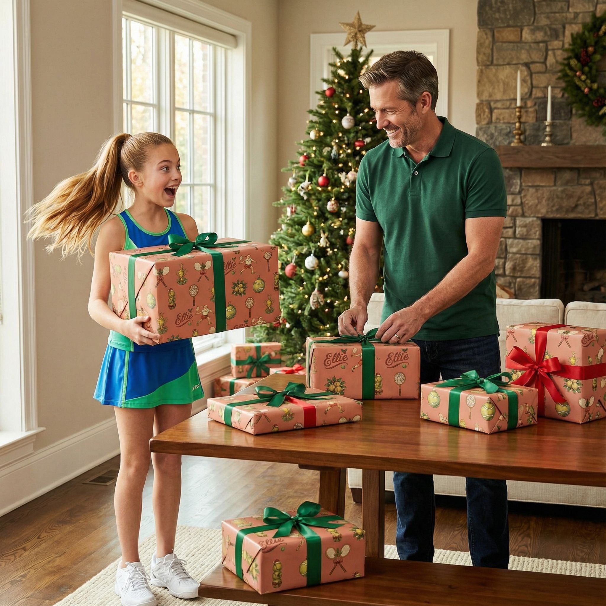 Vintage Tennis Christmas Wrapping Paper - Santa Holiday Racquet Design - Photo 3